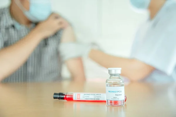 Vaccine Vial Monkeypox Blurry Background Doctor Injecting Vaccine — Stock Fotó