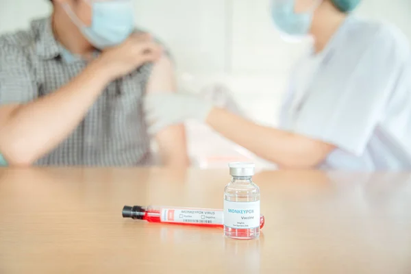 Vaccine Vial Monkeypox Blurry Background Doctor Injecting Vaccine — Stock Fotó