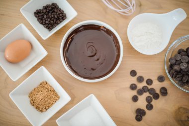 Top view of ingredients for a baking chocolate brownie or cake.
