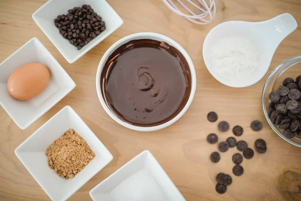 Top view of ingredients for a baking chocolate brownie or cake.