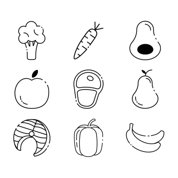 Conjunto Simple Iconos Línea Vectorial Una Nutrición Saludable Saludable Adecuada — Vector de stock