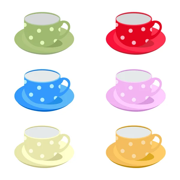 Set Cups Saucers Polka Dots Vector Illustration — Stock Vector
