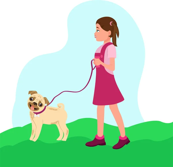 Menina Bonito Com Cão Ilustração Vetorial Estilo Dos Desenhos Animados — Vetor de Stock