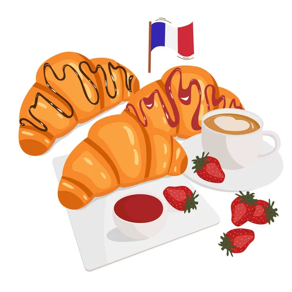 Delicioso Desayuno Con Croissant Café Fresas Ilustración Vectorial — Vector de stock