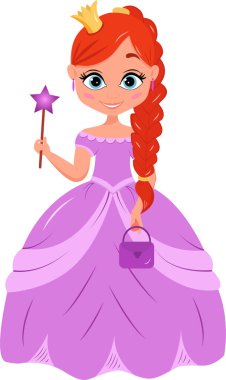 Beyaz arka planda elinde sihirli bir değnek tutan güzel bir prenses tasviri. Vektör illüstrasyonu.