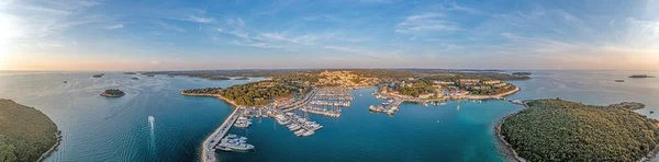 Drone Panorama Harbor Croatian Coastal Town Vrsar Istria Summer Sunset — Stock Photo, Image