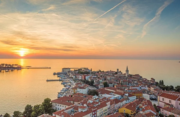 Drone panorama of Croatian coastal town Porec with harbor and promenade during summer sunrise