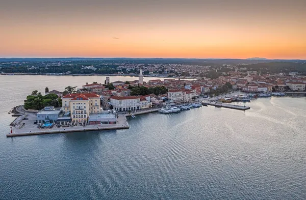 Drone Panorama Croatian Coastal Town Porec Harbor Promenade Summer Sunrise — Stock Photo, Image