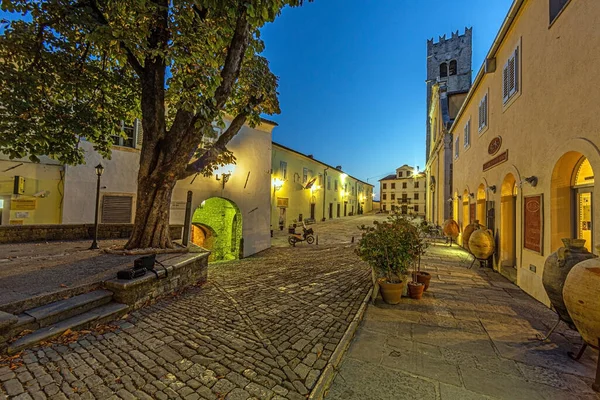 Panorama Nad Głównym Placem Motovun Kościołem Szczepana Bramą Miejską Podczas — Zdjęcie stockowe