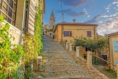 Yaz aylarında Protestan kilisesiyle birlikte Motovun 'a giden tarihi kaldırım taşına bakın.
