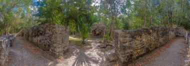 Yucatan Yarımadası 'ndaki Meksika İnka şehri Coba' da gün ışığında tarihi bir piramidin resmi.