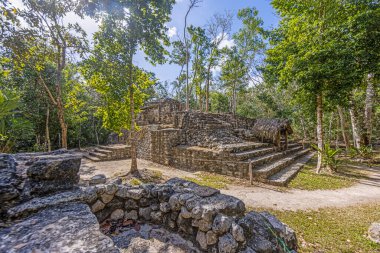 Yucatan Yarımadası 'ndaki Meksika İnka şehri Coba' da gün ışığında tarihi bir piramidin resmi.