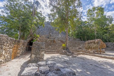 Yucatan Yarımadası 'ndaki Meksika İnka şehri Coba' da gün ışığında tarihi bir piramidin resmi.