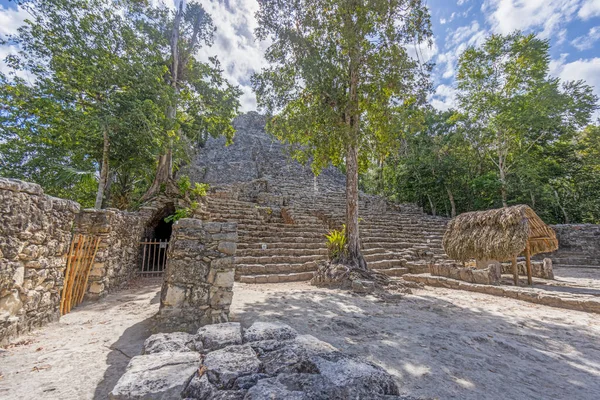 Yucatan Yarımadası 'ndaki Meksika İnka şehri Coba' da gün ışığında tarihi bir piramidin resmi.