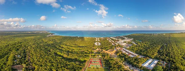 Drone panorama of a hotel complex on the Gulf Coast of Mexico\'s Yucatan Peninsula during the daytime