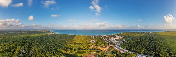 Drone panorama of a hotel complex on the Gulf Coast of Mexico's Yucatan Peninsula during the daytime