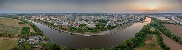 Panorama Drones Sobre Rio Principal Porto Offenbach Com Horizonte Frankfurt — Fotografia de Stock