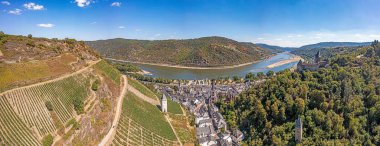 Drone panorama image over the Rhine near Lorch with water low during the day in summer