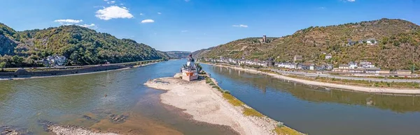 Drone Panorama Rhine Kaub Extremely Low Water Summer 2022 — Stock Photo, Image