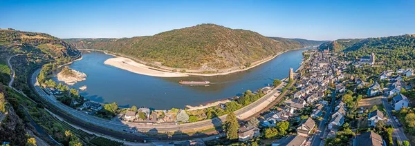 Drone Panorama Town Oberwesel Evening Light Low Water Level Summer — Stockfoto