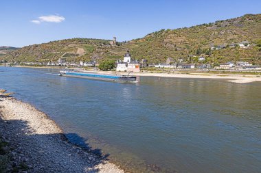 Panorama over the Rhine near Kaub at extremely low water in summer 2022