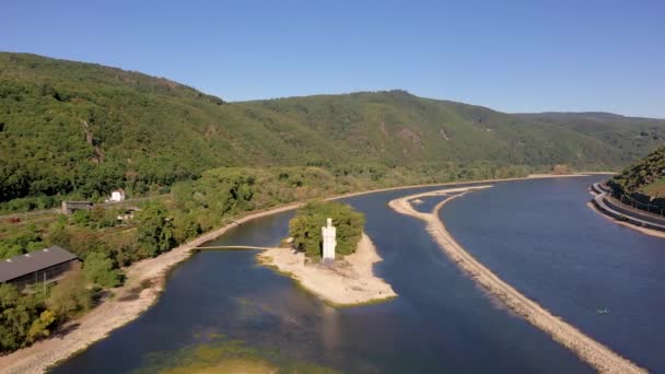 Drone Film Van Bingen Muistoren Rijn Bij Laag Water Hitte — Stockvideo