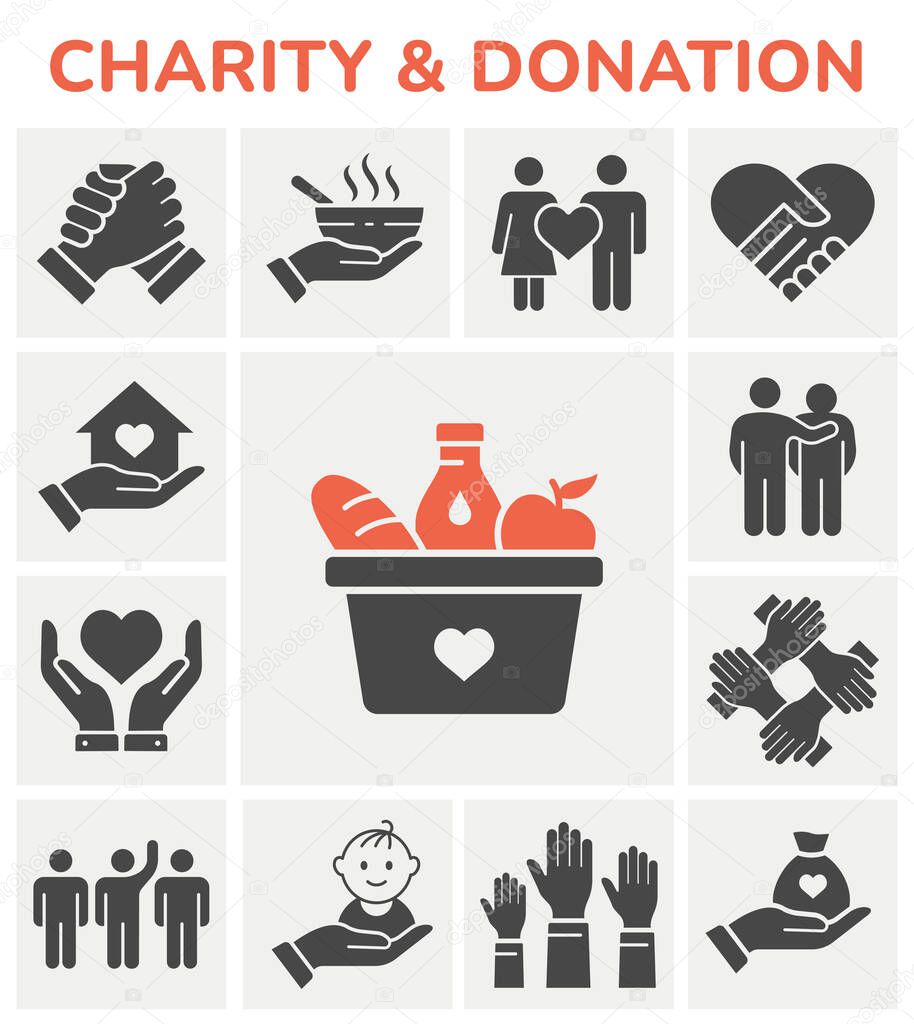 Charity icon set. Collection of handshake, donate, volunteer, help, and more.