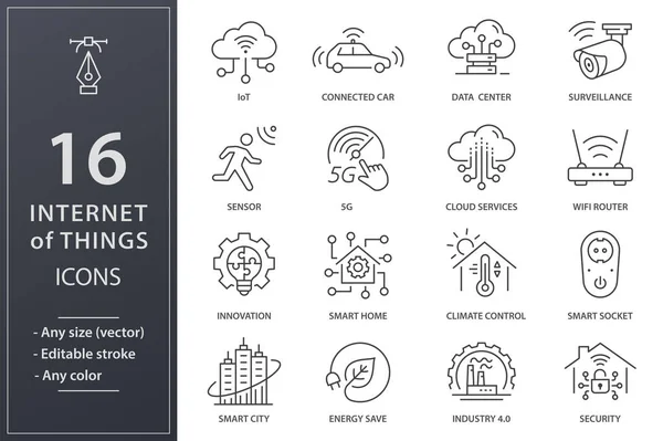 物联网图标 如智能城市 传感器 气候控制 Iot等 可编辑笔划 — 图库矢量图片#