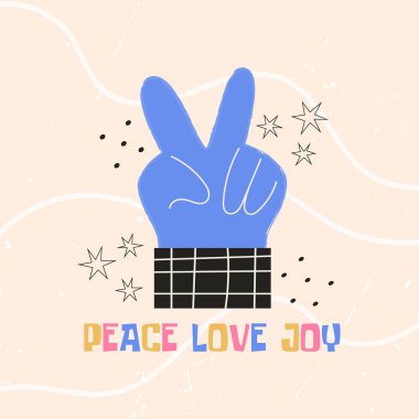 Barış Sevgisi metniyle zafer el işareti hareketi. Etiket, tişört izi ve poster için renkli vektör düz çizimi