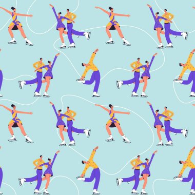 Artistik patinajcıların çizdiği düz vektör çizimlerinin modaya uygun renkleri var. Kış sporu, buz dansçısı, jimnastikçi kadın, şampiyonluk, yarışma aktivitesi modern tasarım unsuru