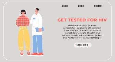 Dünya AIDS Günü için yatay modern pankart. Doktor hastaya kötü haberi verir ve onu desteklemeye çalışır. HIV AIDS taşıyıcı düz konsept modayı