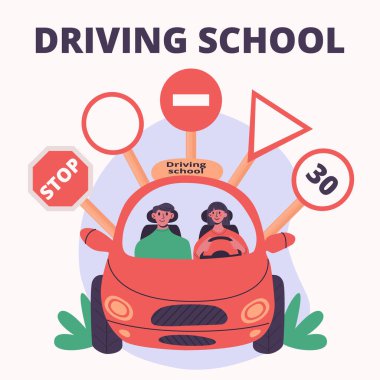 Sürücü okulu konsepti. Genç bir kadın eğitmeniyle birlikte küçük kırmızı bir araba kullanıyor. Bir arabanın etrafında farklı trafik işaretleri var. Düz vektör modern izole edilmiş moda renkleri