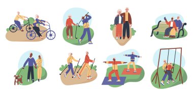 Mutlu, aktif, yaşlı çiftlerle dolu. Yaşlı erkek ve kadın İskandinav yürüyüşü, yoga, golf, bisiklete binmek, salıncakta sallanmak, kendi kendine takılmak. Büyükanne ve büyükbaba düz vektör çizimi.
