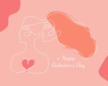 Mutlu Galentines Günü tasarımı. İki kadın soyut ve kesintisiz bir çizgi portresiyle karşı karşıya. Modern minimalist stil illüstrasyon, tebrik kartları, poster ve baskılar için uygun.