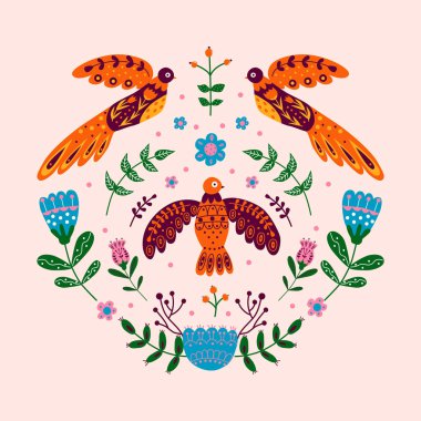 Çeşitli kuşlarla süsleme, çiçekler ve farklı kompozisyonlarla yapraklar. İskandinav tarzı motif. Moda renkleriyle detaylandırılmış İskandinav kökenli düz illüstrasyon.