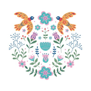 Çeşitli kuşlarla süsleme, çiçekler ve farklı kompozisyonlarla yapraklar. İskandinav tarzı motif. Moda renkleriyle detaylandırılmış İskandinav kökenli düz illüstrasyon.