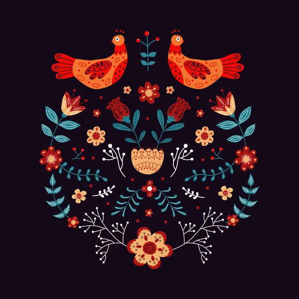 Векторний Орнамент Різними Птахами Квітами Листям Різними Народними Композиціями Мотив — стоковий вектор