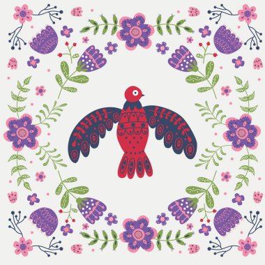 Kuşla, çiçeklerle ve farklı kompozisyonlarla yapraklarla bir vektör çerçevesi. İskandinav tarzı motif. Moda renkleriyle detaylandırılmış İskandinav kökenli düz illüstrasyon.