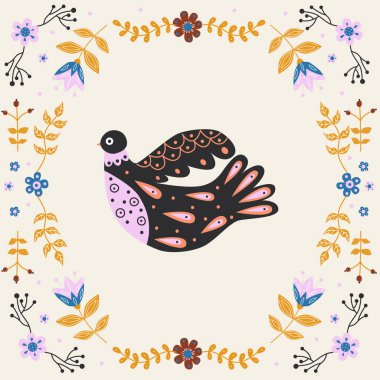 Kuşla, çiçeklerle ve farklı kompozisyonlarla yapraklarla bir vektör çerçevesi. İskandinav tarzı motif. Moda renkleriyle detaylandırılmış İskandinav kökenli düz illüstrasyon