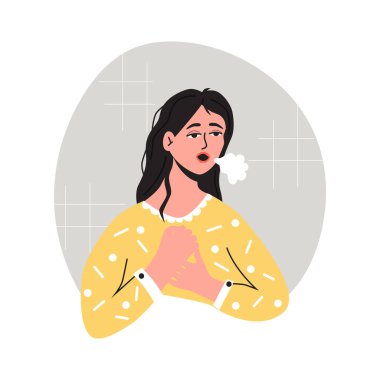 Nefes almakta zorlanıyor, kadınlarda kalp çarpıntısı dispne ve bu yüzden acı çekiyor. Düz vektör çizimi. Sağlık, acı, hastalık, hastalık konsepti, beyaz arka planda izole edilmiş.