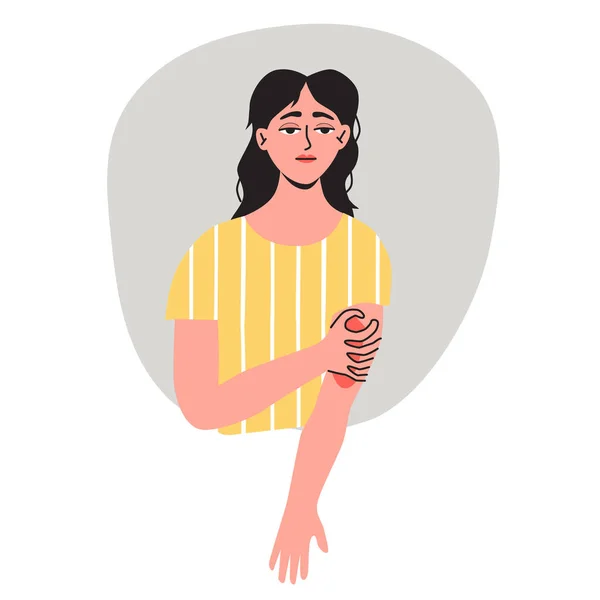 A nő felemeli a karját, ekcémában szenved és fájdalmat érez. Lapos vektor illusztráció. Egészségügy, fájdalom, betegség, betegség fogalma — Stock Vector