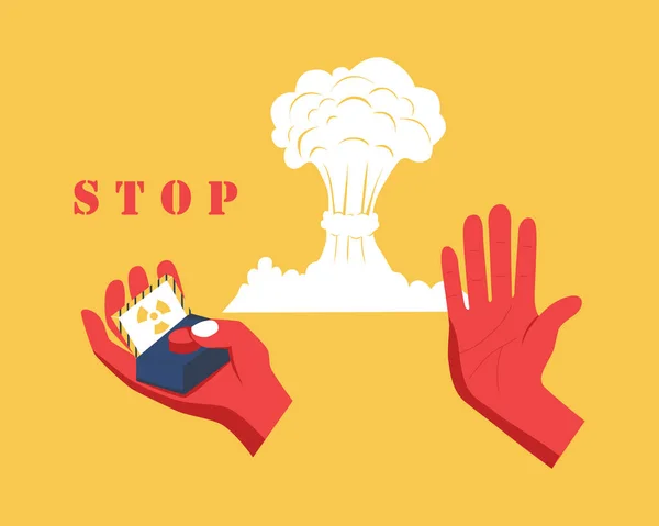 Stop het nucleaire wapenspandoek. Atoombom explosie, hand op een nucleaire knop, stopteken. Geen oorlog vlakke vector illustratie — Stockvector