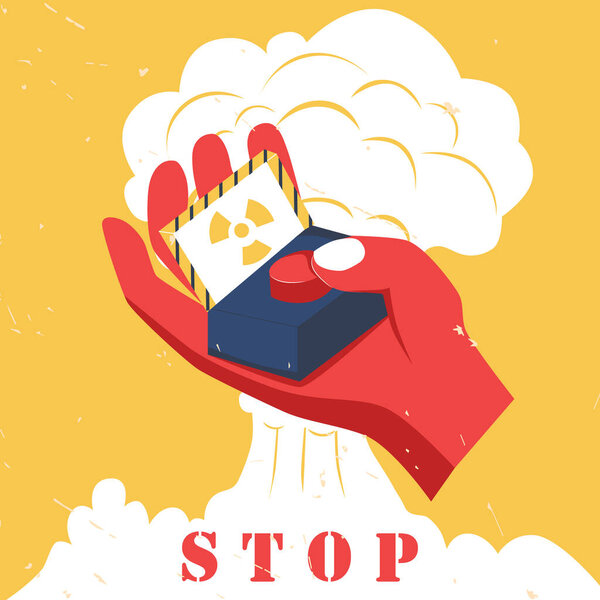 Stop nuclear weapons banner. Atomic bomb explosion. Finger push red nuclear button retro poster. No war flat vector illustration — Stock Vector