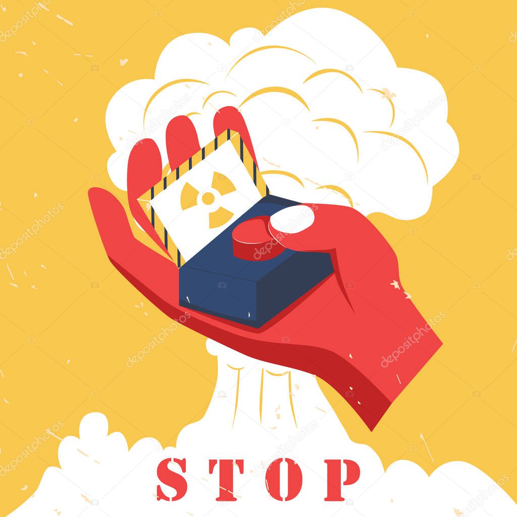 Stop nuclear weapons banner. Atomic bomb explosion. Finger push red nuclear button retro poster. No war flat vector illustration