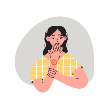 Eklem ağrısı çeken bir kadın. Düz vektör çizimi. Sağlık, acı, hastalık, hastalık konsepti, beyaz arka planda izole edilmiş.