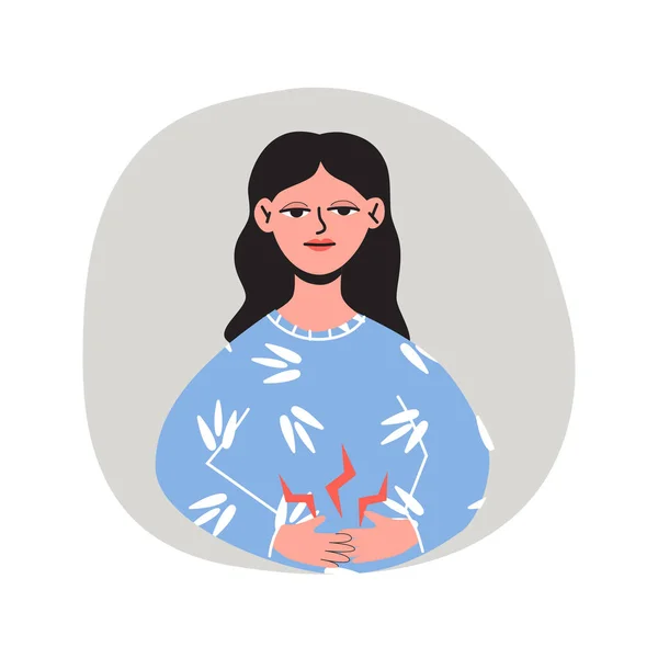 Kvinnan håller hand på sin magont. Buksmärta, magont. Platt vektor illustration. Sjukvård, smärta, sjukdom, sjukdomskoncept, isolerad på en vit bakgrund — Stock vektor