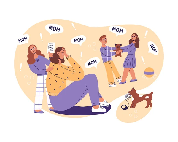 Frustrated, depressed mom, problems of motherhood. Naghty children do not give rest for a minute. Exhausted women tired of noisy active playful kids.Hard paenting with many children flat illustration — ストックベクタ