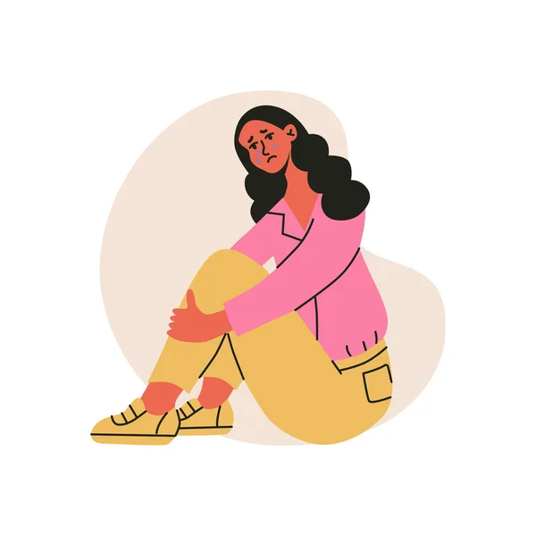 Sad crying woman, sitting and hugging her knees. Flat vector illustration in trendy colors, isolated on a white background —  Vetores de Stock