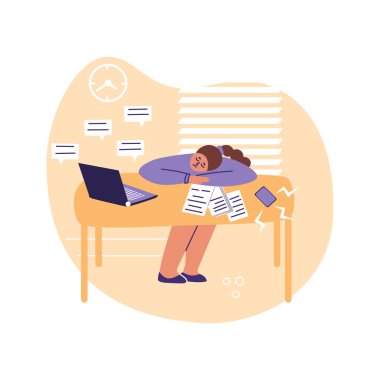 Tükenmiş konsept. Yorgun, hayal kırıklığına uğramış, bitkin bir ofis çalışanı. Yorgunluğun düz vektör çizimi.