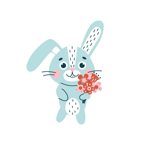 Rabbit with flowers. Cute vetor flat animal character, isolated on white background — Stockvektor